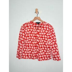 St John Wool Cardigan Sweater Size 6 Red White Print
